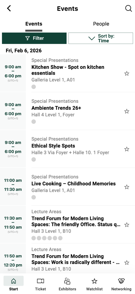 Ambiente Navigator - Ambiente Navigatorアプリ内の見本市イベントスケジュール。プレゼンテーションやトレンドフォーラムが表示されます。