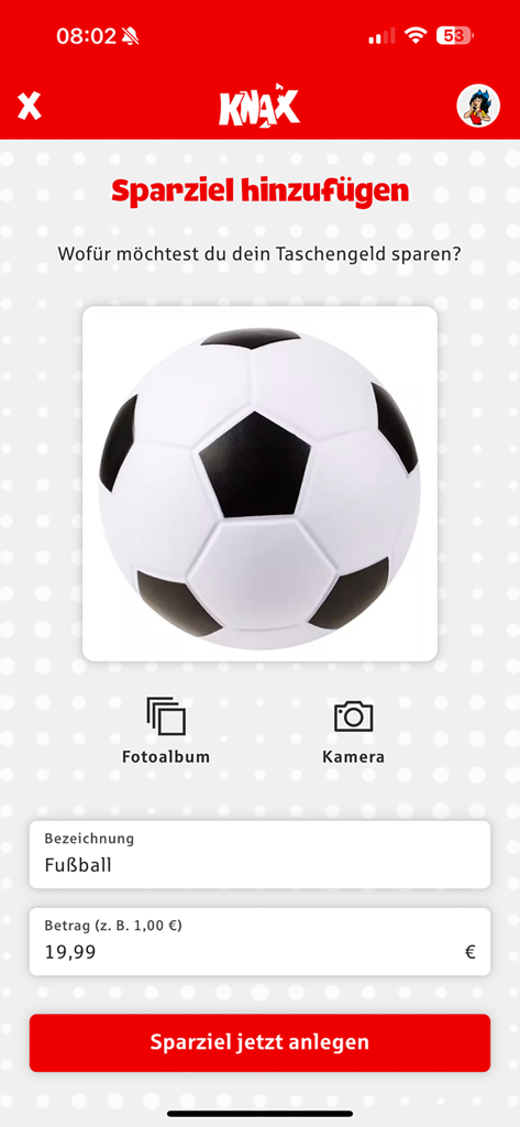 A mobile interface from the KNAX app showing a child setting a savings goal for a soccer ball costing 19.99 Euro