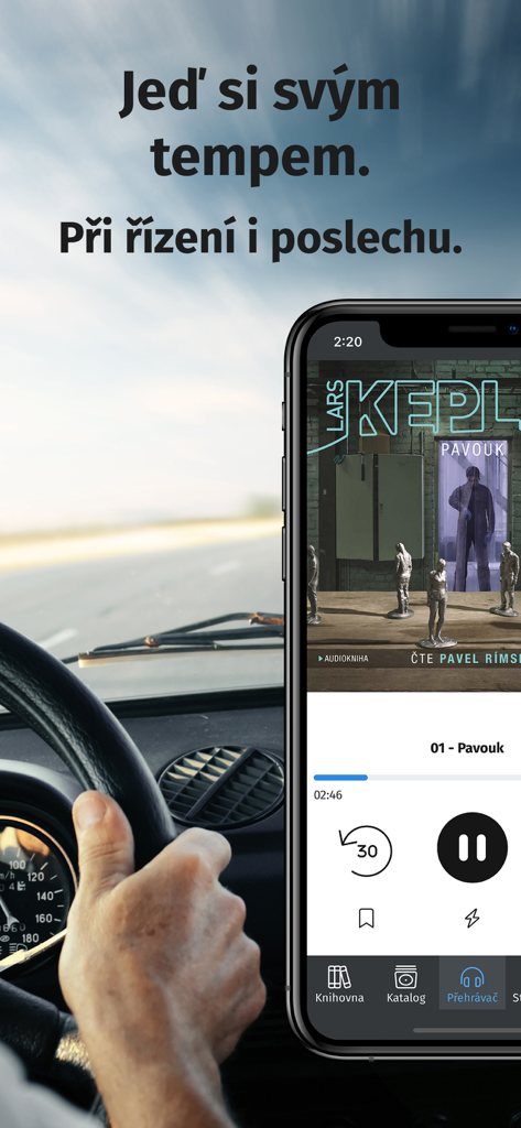 Audiolibrix - Audioknihy - A person driving a car while listening to an audiobook on the Audiolibrix app