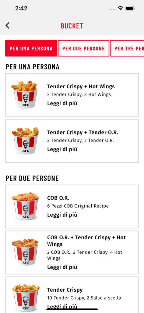KFC Italia mobile app menu screen displaying different fried chicken bucket options for one or two people.