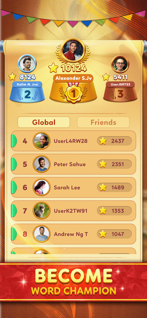 Word Hidden Games - Ranking global em Jogos de Palavras Escondidas mostrando os melhores jogadores classificados em um pódio e suas pontuações