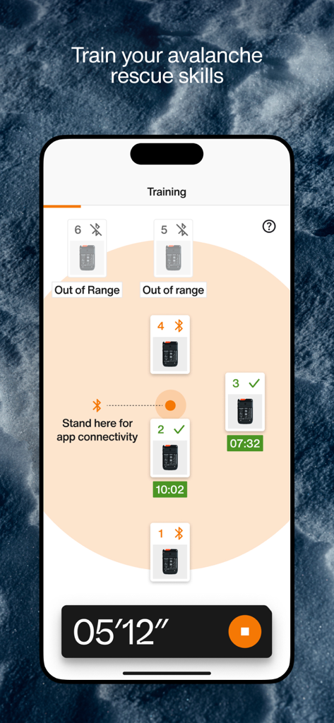 Barryvox® Mammut - Barryvox Mammut app training screen showing avalanche rescue simulation with multiple transceivers