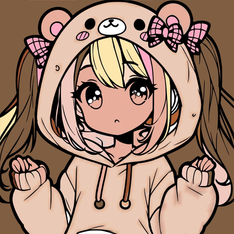 cute anime girl with ponytails and a cute bear hoodie