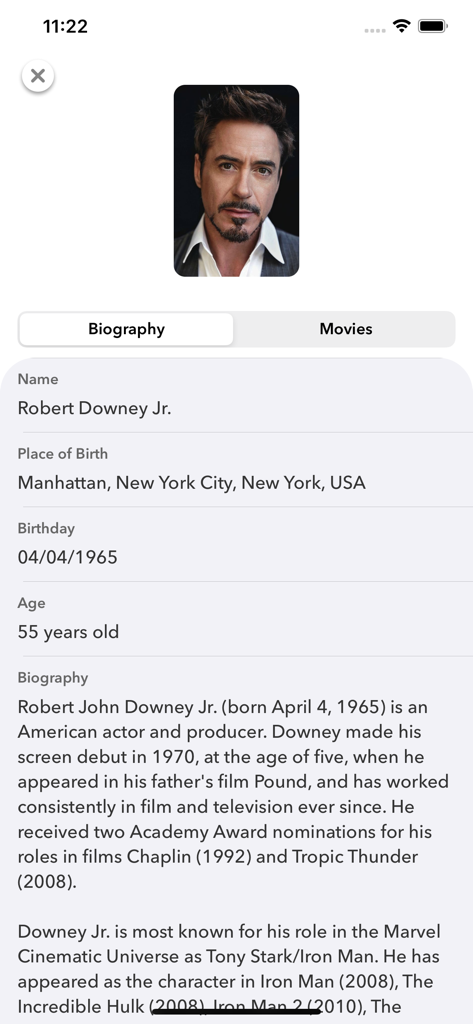 MyMovies - Catalog - Actor biography and personal details for Robert Downey Jr in MyMovies app