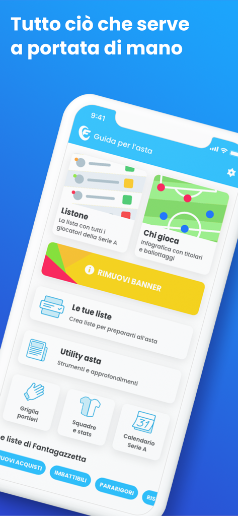Fantacalcio: Guida per l'Asta - Main menu of the Fantacalcio Auction Guide app featuring player lists and tactical formations