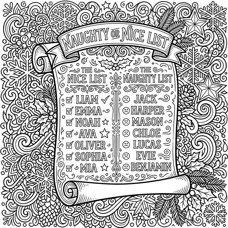 Uncover Santa's legendary Naughty or Nice List in this charming and detailed coloring page. Explore festive names and intricate holiday designs, perfect for a cozy winter coloring session.