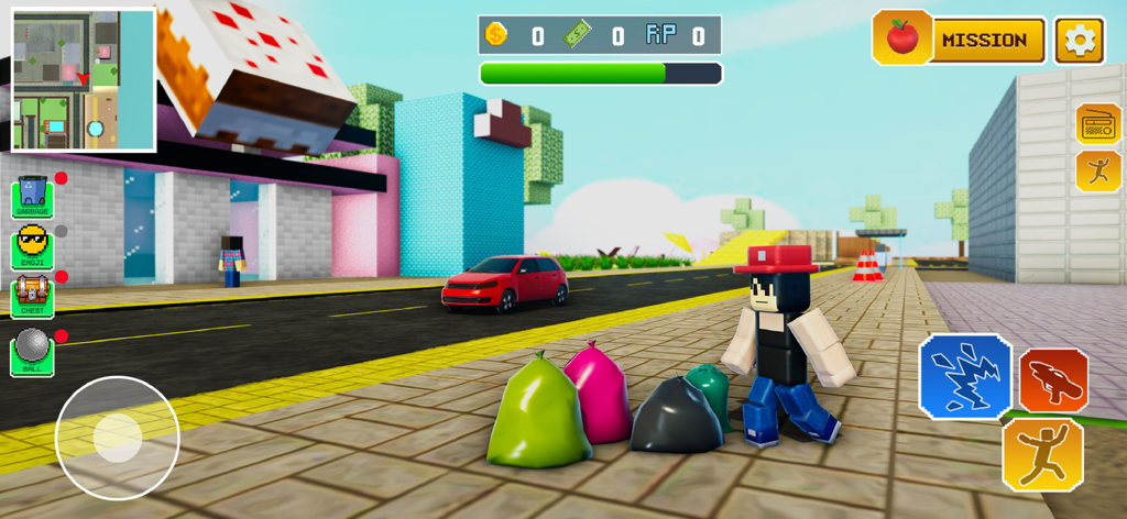 Block Party Fun World - A blocky character walks down a colorful pixelated city street in the Block Party Fun World game
