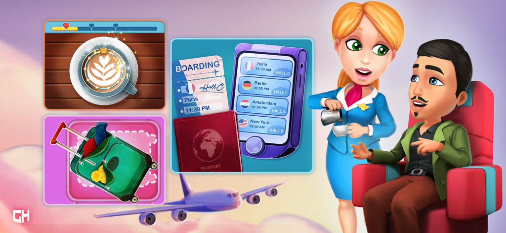 Amber Hope serving a passenger with flight themed mini game previews