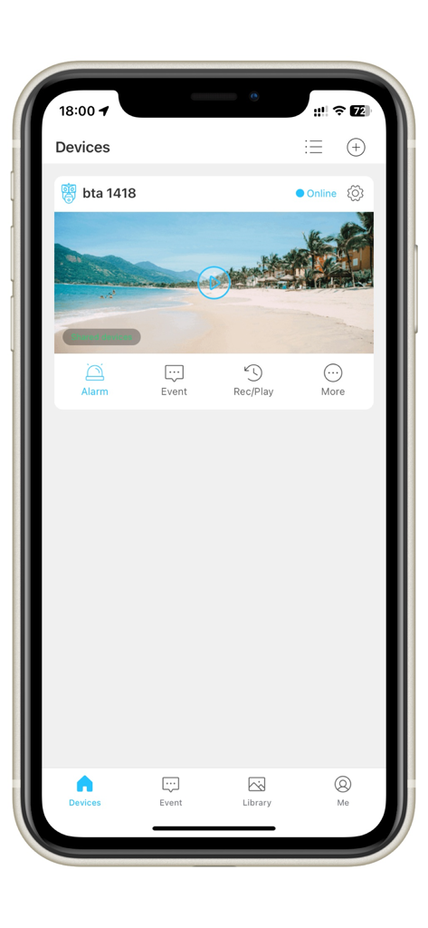 Hopeway - Smartphone screen of Hopeway app showing a list of connected cameras and a live video feed.