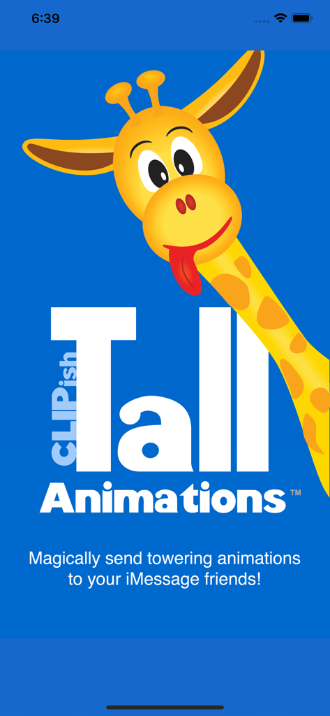 CLIPish Tall Animations - Pantalla de inicio de la aplicación CLIPish Tall Animations con una jirafa de dibujos animados y un fondo azul