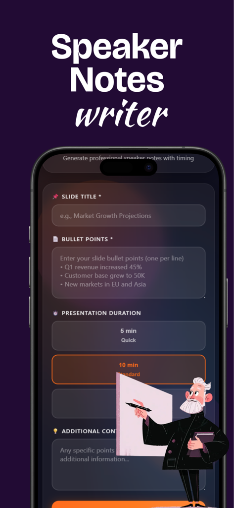 Pippit AI - A mobile interface for Pippit AI's speaker notes writer feature showing fields for slide title and presentation duration