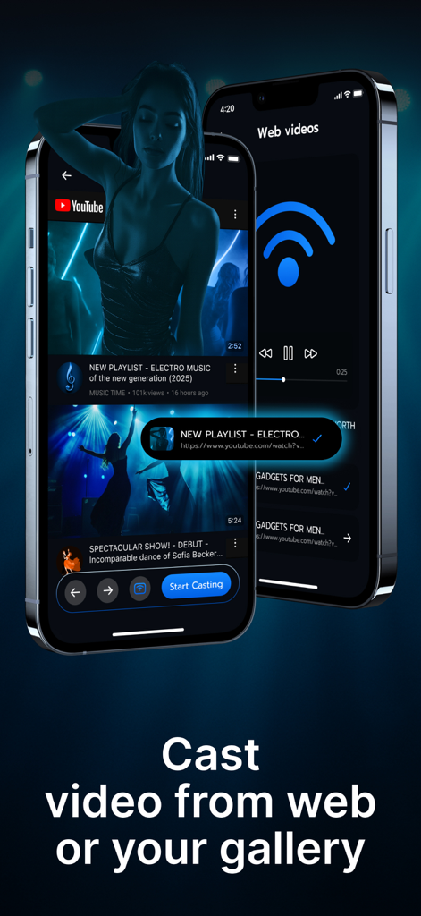 Screen Mirroring Miracast Easy - Screen Mirroring Miracast Easy 앱을 사용하여 YouTube 및 갤러리에서 웹 동영상을 전송하는 옵션을 보여주는 iPhone 화면