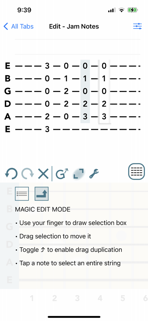 Guitar Tab Maker - Interface of the Guitar Tab Maker app showing the Magic Edit Mode for selecting and moving musical notes