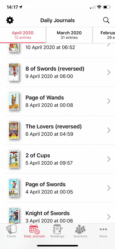 Tarot Journal - A list of daily tarot card journal entries with card images names and dates