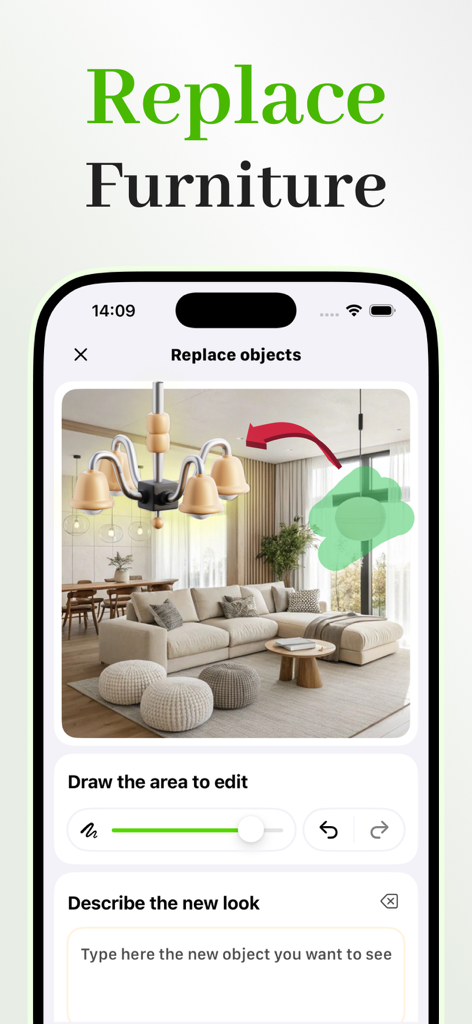 Home AI Interior Design - Homi - Interface of the Homi app showing the AI feature to replace furniture and objects in a living room