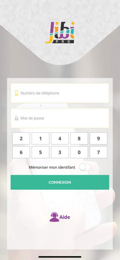 Login screen of the JIBI PRO mobile payment application showing phone number and password fields
