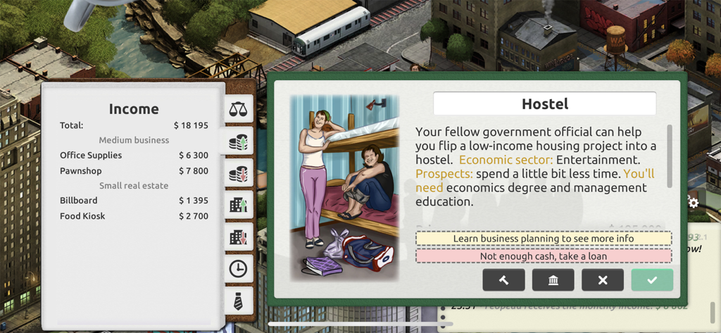 Timeflow: Business Tycoon Game - Captura de pantalla de la jugabilidad de Timeflow Business Tycoon que muestra el desglose de ingresos y una oportunidad de inversión en un hostal.