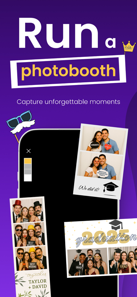 Booth Studio - Aplicativo Booth Studio mostrando tiras de fotos personalizadas para eventos de casamento e formatura em uma tela de smartphone