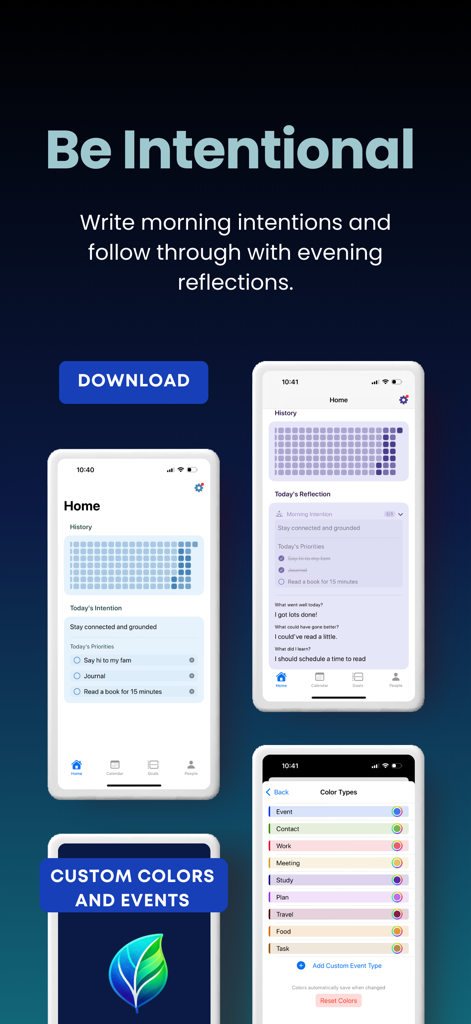 Strive Planner - Pantallas de la aplicación Strive Planner que muestran intenciones diarias, reflexiones nocturnas y tipos de eventos personalizados codificados por colores