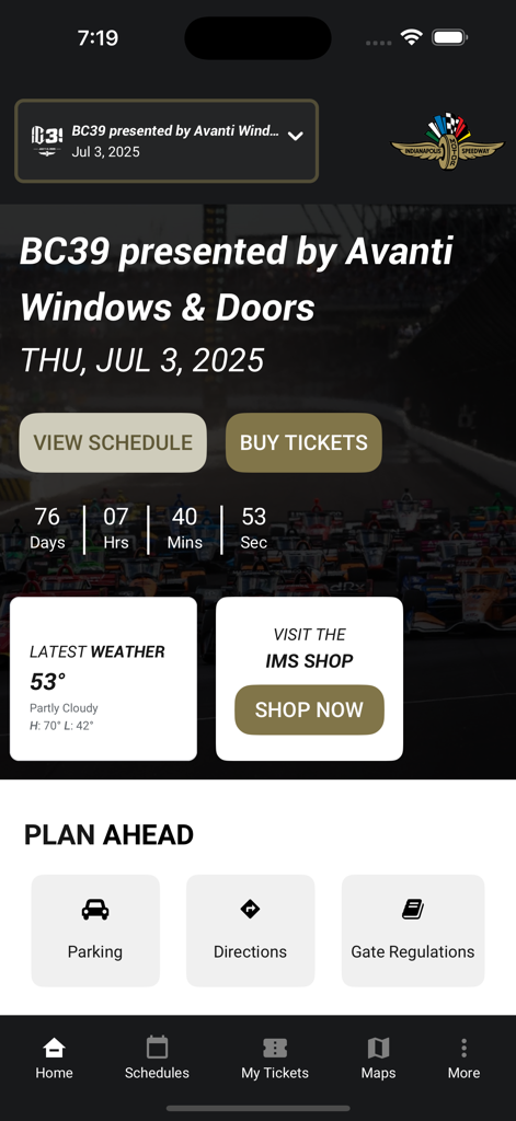 Home screen of the Indianapolis Motor Speedway app showing an event countdown, tickets button, and race day planning tools.