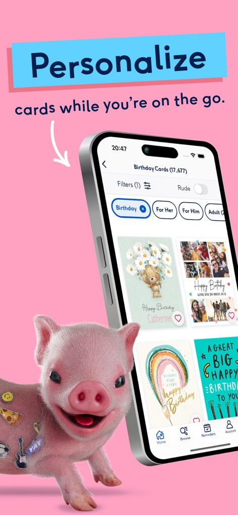 Schermata dell'app Moonpig che mostra le opzioni di personalizzazione dei biglietti d'auguri con una graziosa mascotte maialino