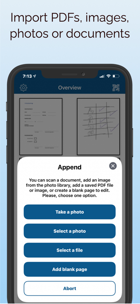 ScanBox – PDF Scanner & OCR - ScanBox App-Oberfläche, die Optionen zum Importieren und Anhängen von Dokumenten auf einem iPhone zeigt