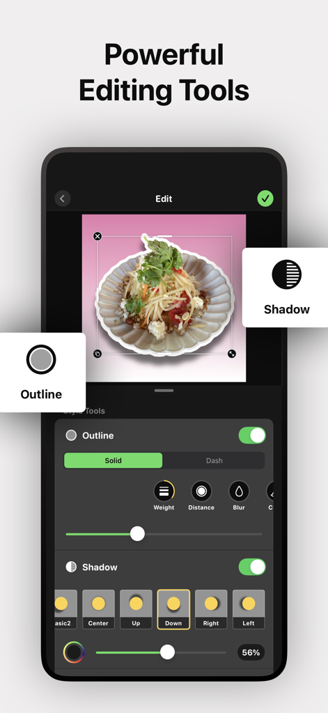 Cutout Camera AI Photo Editor - AI photo editor interface demonstrating outline and shadow effects on a food cutout