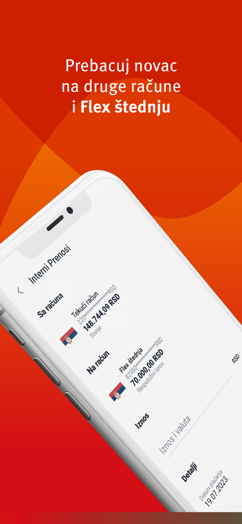 mBankar ProCredit Bank Srbija - Mobile app screen for internal money transfers and Flex savings in mBankar