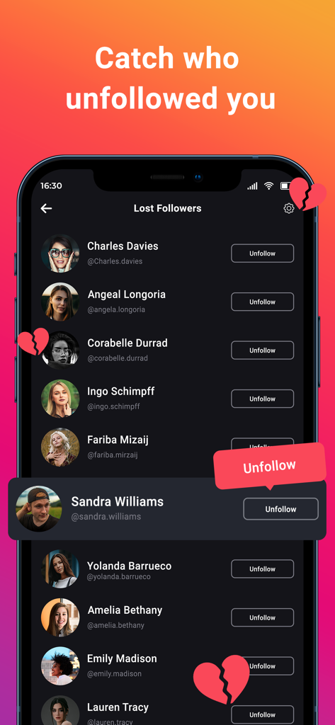 Follower Tracker : Followers - 언팔로우한 사람 목록과 함께 다시 언팔로우할 수 있는 버튼을 보여주는 모바일 앱 인터페이스