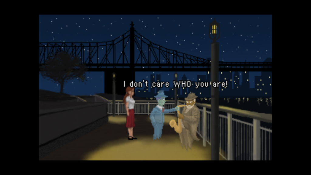 Blackwell 2: Unbound - A pixel art game scene from Blackwell Unbound featuring characters talking to a saxophone player on a waterfront at night with a bridge in the background