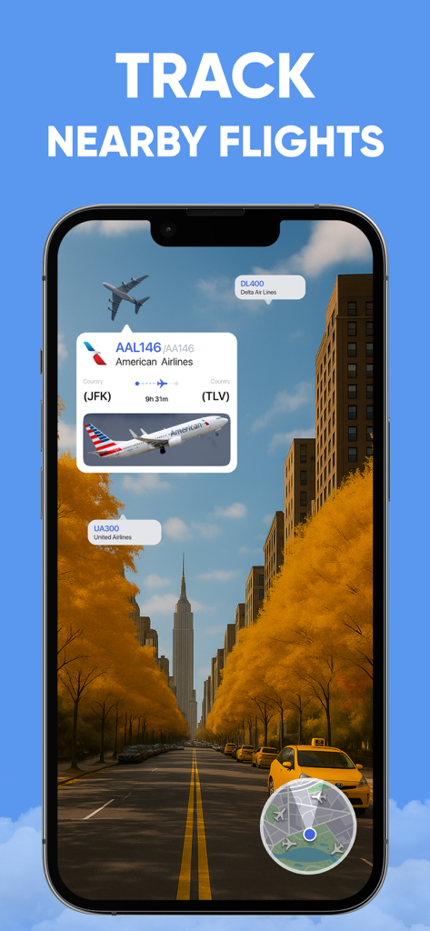 Flight Tracker Airplane Radar - Schermata dello smartphone che mostra informazioni sul tracciamento dei voli in tempo reale su una strada cittadina