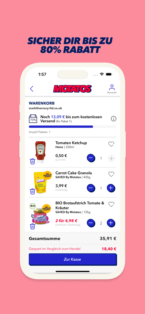 Motatos app interface showing a shopping cart with discounted grocery items and a checkout button
