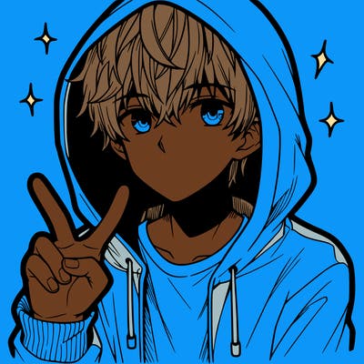 teenage manga boy in a hoodie, doing ✌