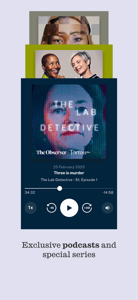 Interface of The Observer app showing exclusive podcasts and special series like The Lab Detective