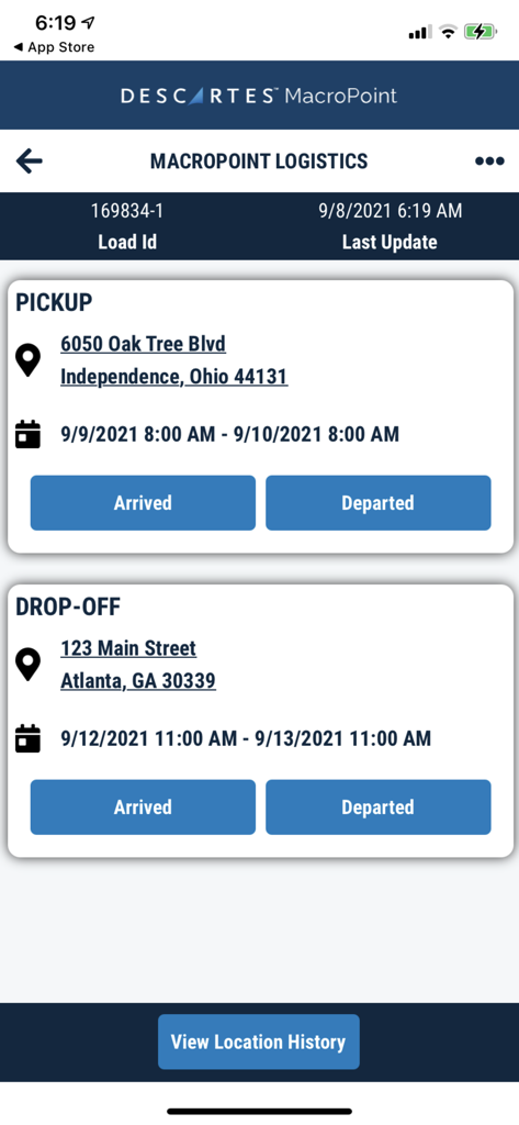 MacroPoint For Truckers 앱 인터페이스에 운송 ID 세부 정보, 픽업 및 배달 장소, 도착 버튼 표시