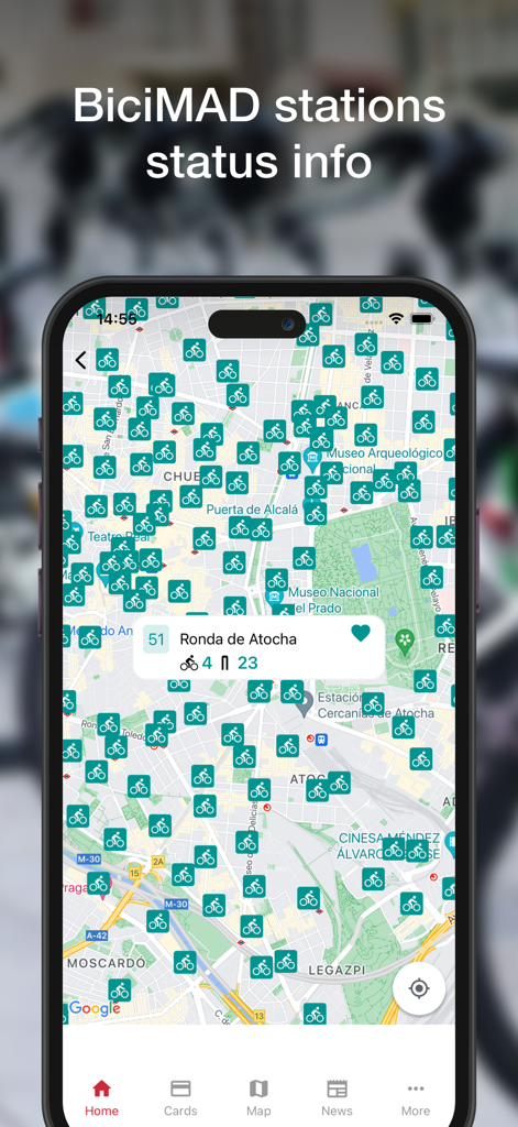 Map of BiciMAD bike sharing stations in Madrid showing real time availability
