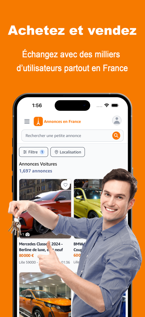 Interfaz de la aplicación móvil Anuncios en Francia mostrando coches a la venta con un hombre sosteniendo llaves de coche