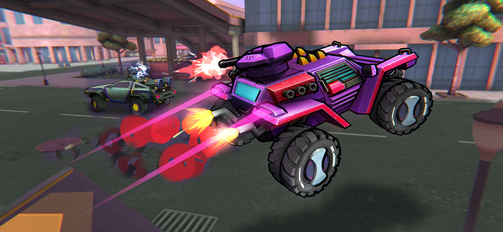 Battle Cars: Nitro PvP Shooter - A purple armored vehicle jumping and firing weapons in a neon-lit city arena.
