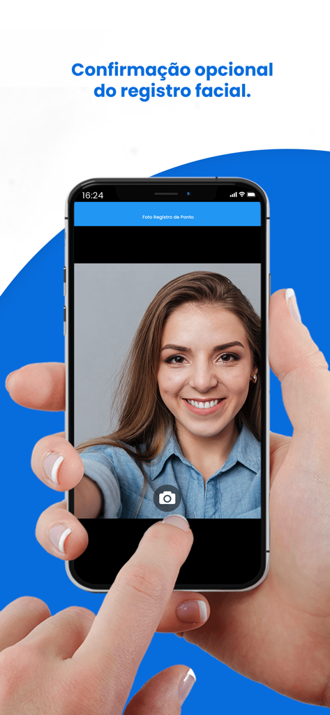Meu Controle de Ponto Multi - Uma mulher usando o recurso de reconhecimento facial do aplicativo para registrar o ponto no trabalho.
