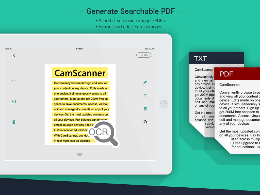 CamScanner HD - Función OCR de CamScanner HD en iPad para generar PDFs buscables y extraer texto