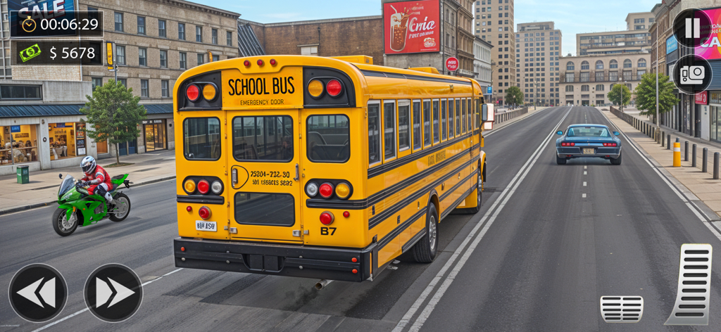 High School Bus Simulator Game - Rear view of a yellow school bus driving on a city street in a mobile simulator game