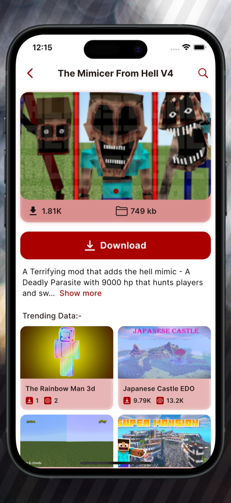 Mimicer Mods for Minecraft PE - 마인크래프트 PE용 공포 캐릭터 애드온을 보여주는 미미서 모드 앱 인터페이스