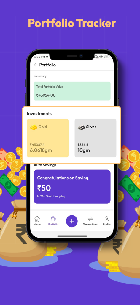 Portfolio summary screen of the Aura app showing investment tracking for gold and silver in Indian Rupees