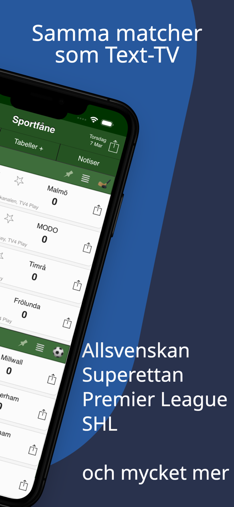 Sportfåne - Målservice - Interfaz de la aplicación Sportfane que muestra marcadores deportivos en vivo para partidos de la SHL y la Premier League en un diseño minimalista.
