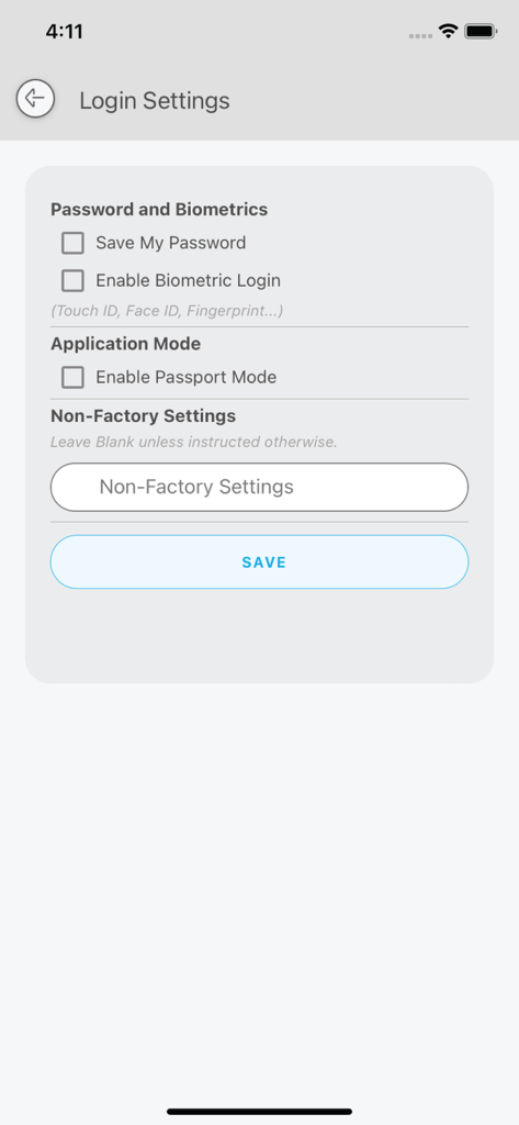 BarCloud app login settings screen showing biometric and passport mode configuration options