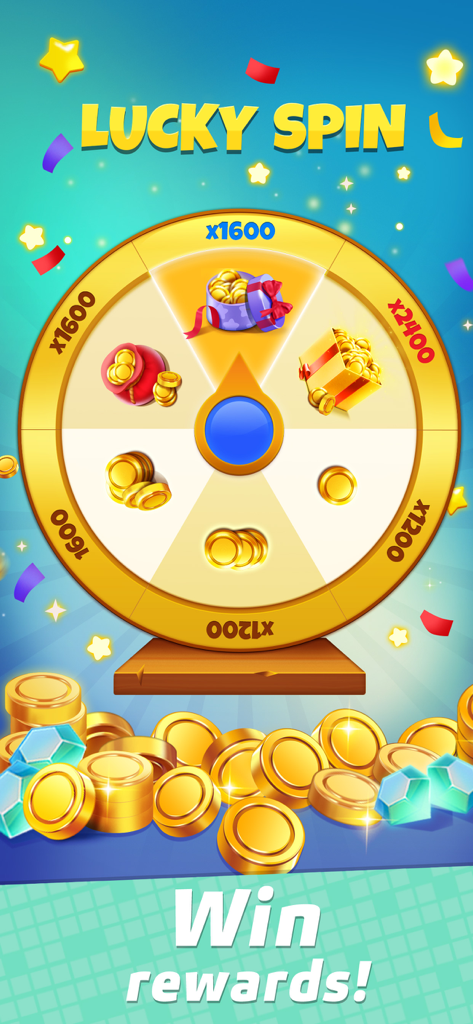 Una rueda de la suerte que muestra varias recompensas de monedas y gemas en el juego Pixel Cross