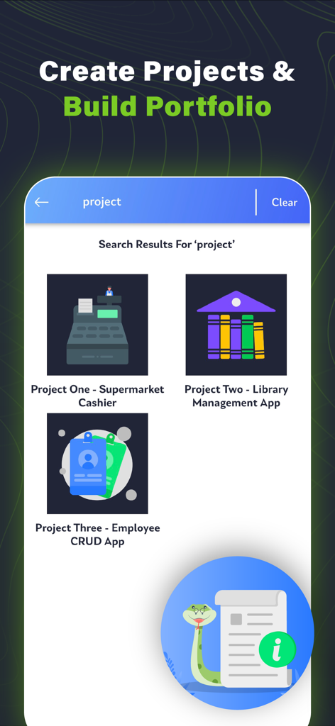 Mobile app screen showing Python coding projects like Supermarket Cashier and Library Management for building a professional portfolio.