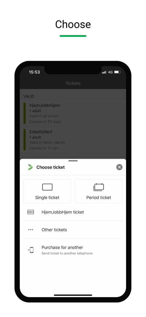 A mobile interface for the Kolumbus Billett app displaying options to select single, period, or HjemJobbHjem tickets.