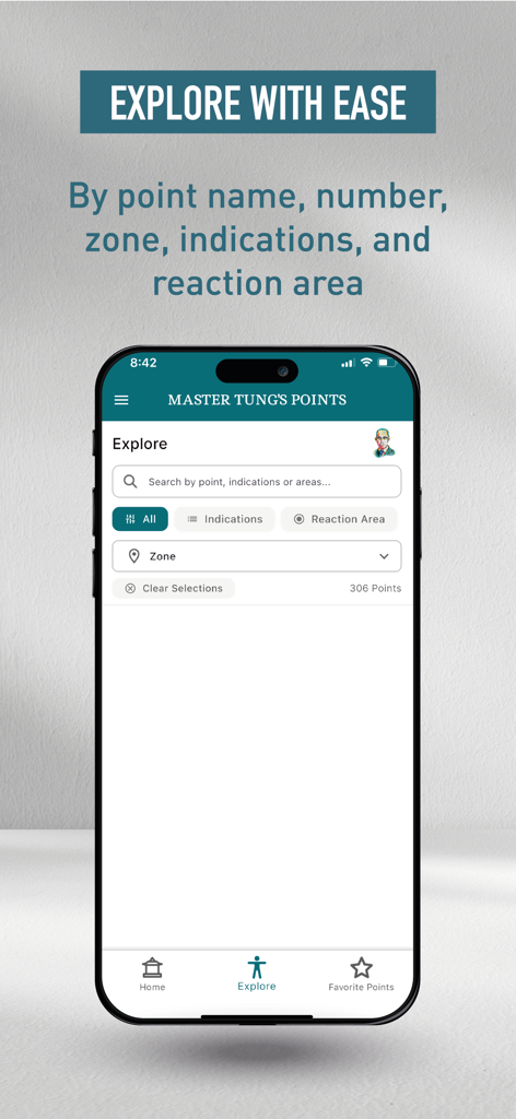 Master Tung's points - Search and filter interface for Master Tung acupuncture points with options for indications and zones