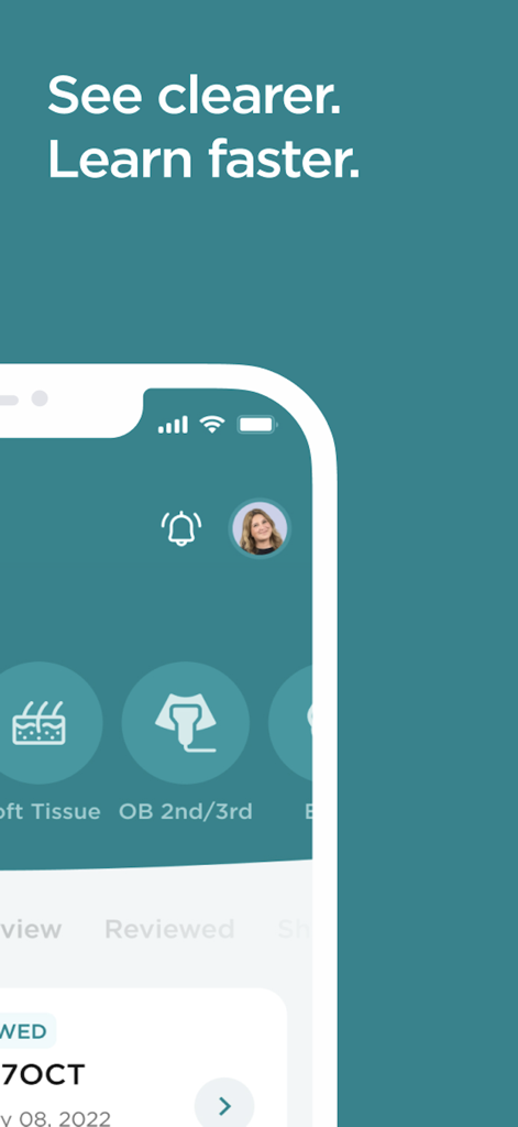 ScanHub by GUSI - ScanHub by GUSI mobile app interface showing ultrasound learning categories and slogan See clearer Learn faster